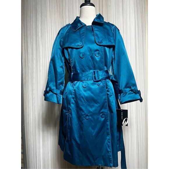 Nine West NWT Vibe Blue Silky Trench Coat Size Large - Picture 1 of 6